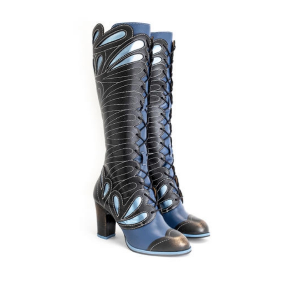 Fluevog Attic Elita blue and gold boots size 10.5